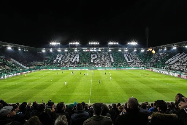 SOCCER - UEFA EL, Rapid vs Inter VIENNA,AUSTRIA,14.FEB.19 - SOCCER - UEFA Europa League, round of 32, SK Rapid Wien vs FC Internazionale Milano. Image shows fan choreography Keywords: Wien Energie. GEPAxpictures xMichaelxMeindl