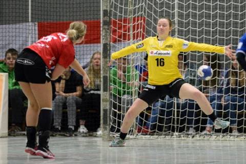 Anouk Nieuwenweg (HSG Bad Wildungen Vipers) beim Wurf; Melanie Veith (Torfrau HSG Blomberg-Lippe) (R, hinten) ,GER, HSG Bad Wildungen Vipers - HSG Blomberg-Lippe, Handball, 1. Bundesliga Frauen, 16.02.2019, GER, HSG Bad Wildungen Vipers - HSG Blomberg-Lippe, Handball, 1. Liga Frauen, 16.02.2019 Bad Wildungen Copyright: xEIBNER RolandxSippelx EP_RSL