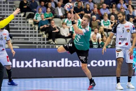 Handball, CL, Skjern Haandbold - HBC Nantes Bjarte Myrhol (18) fra Skjern Haandbold skyder paa maal under Champions League gruppekampen i herrehaandbold mellem Skjern Haandbold og HBC Nantes i Skjern Bank Arena i Skjern, soendag den 17. februar 2019. , Skjern Copyright: MadsxDalegaardx cop106 spdk20190217-185314-L