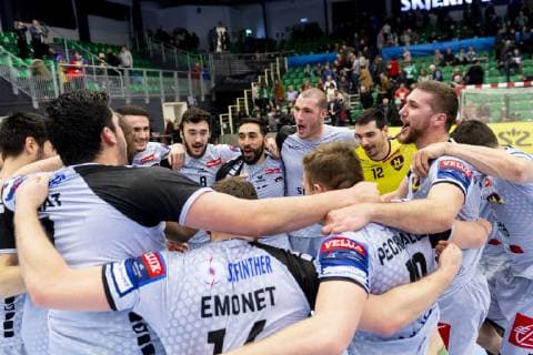 Handball, CL, Skjern Haandbold - HBC Nantes HBC Nantes spillere jubler efter Champions League gruppekampen i herrehaandbold mellem Skjern Haandbold og HBC Nantes i Skjern Bank Arena i Skjern, soendag den 17. februar 2019. , Skjern Denmark Copyright: MadsxDalegaardx cop106 spdk20190217-185818-L