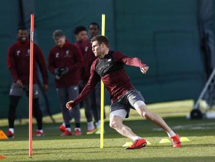 18th February 2019, Melwood, Liverpool, England; UEFA Champions League, Liverpool versus Bayern Munich; James Milner of Liverpool during today s open training session at Melwood ahead of tomorrow s Champions League round of 16 first leg match against Bayern Munich  ActionPlus12106469 AlanxMartin
