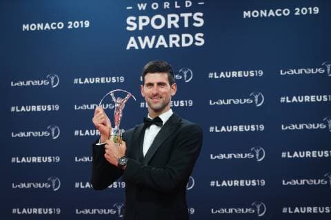 (190219) -- MONACO, Feb. 19, 2019 -- Sportsman of the Year winner Novak Djokovic shows the trophy after the 2019 Laureus World Sports Awards ceremony in Monaco, Feb. 18, 2019. The 2019 Laureus World Sports Awards were unveiled in Monaco on Monday. ) (SP)MONACO-WORLD SPORTS AWARDS ZhengxHuansong 