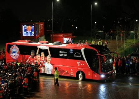 19th February 2019, Anfield, Liverpool, England; UEFA Champions League round of 16, Liverpool versus Bayern Munich; the Bayern Munich team bus is greeted by fans on its arrival at the stadium prior to the match  ActionPlus12106765 DavidxBlunsden