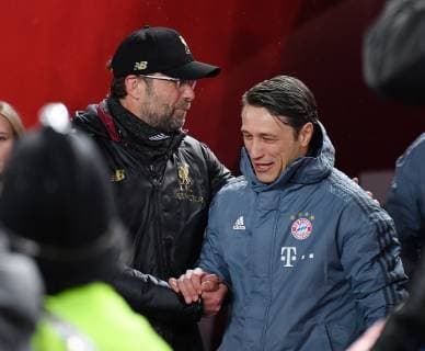 FUSSBALL CHAMPIONS LEAGUE SAISON 2018 2019 ACHTELFINAL HINSPIEL FC Liverpool - FC Bayern Muenchen 19.02.2019 Shake Hands vor dem Spiel; Trainer Juergen Klopp (li, FC Liverpool) begruesset Trainer Niko Kovac (re, FC Bayern Muenchen)