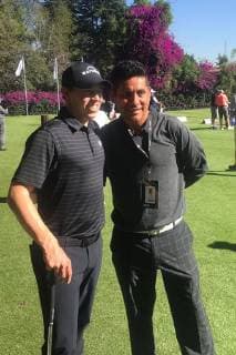 February 19, 2019 - EUM20190219DEP06.JPG.CIUDAD DE MEXICO Tenis-WGC-Mexico.- El tenista ingles Matthew Fitzpatrick, ubicado en la posicion 43 del ranking mundial, posa para la camara a lado del ex portero mexicano Jorge Campos, quien estuvo de visita en el Club de Golf de Chapultepec este martes 19 de febrero de 2019 previo al World Golf Championships Mexico Championship. Foto: Agencia EL UNIVERSALRamon TrevinoEVZ. Latin News: February 19, 2019 Copyright: xElxUniversalx