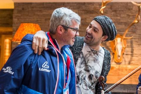NORDIC SKIING - FIS Nordic World Ski Championships Seefeld 2019 SEEFELD,AUSTRIA,20.FEB.19 - NORDIC SKIING - FIS Nordic World Ski Championships Seefeld 2019, side event, photocell Garrett Schroecksnadel. Image shows mayor Werner Frieser (Seefeld), violinist David Garrett and president Peter Schroecksnadel (OESV). GEPAxpictures xDanielxGoetzhaber