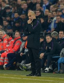 Gelsenkirchen, Germany, 20.02.2019, UEFA Champions League - 2018 19 Season, Achtelfinale, FC Schalke 04 - Manchester City, Trainer Pep Guardiola (Manchester City) nachdenklich ( DeFodi521