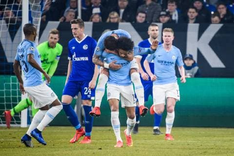20.02.2019, xkvx, Fußball UEFA Champions League, FC Schalke 04 - Manchester City emspor, v.l. Torjubel, Goal celebration, celebrate the goal zum 2:2 durch Leroy Sane (Manchester City) (DFL DFB REGULATIONS PROHIBIT ANY USE OF PHOTOGRAPHS as IMAGE SEQUENCES and or QUASI-VIDEO) Gelsenkirchen