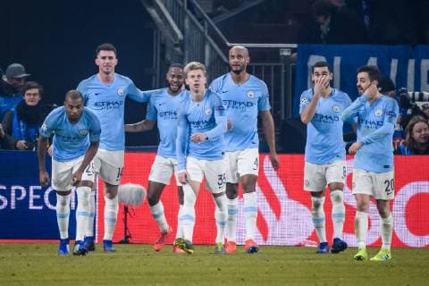 20.02.2019, xkvx, Fußball UEFA Champions League, FC Schalke 04 - Manchester City emspor, v.l. Torjubel, Goal celebration, celebrate the goal zum 2:3 durch Raheem Sterling (Manchester City) (DFL DFB REGULATIONS PROHIBIT ANY USE OF PHOTOGRAPHS as IMAGE SEQUENCES and or QUASI-VIDEO) Gelsenkirchen
