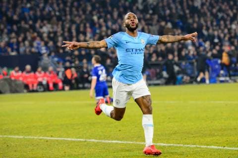 GER, UEFA Champions League, Achtelfinale Round of 16, FC Schalke 04 vs. Manchester City 20.02.2019, VELTINS Arena, Gelsenkirchen, Deutschland, GER, UEFA Champions League, Achtelfinale Round of 16, FC Schalke 04 vs. Manchester City DFL REGULATIONS PROHIBIT ANY USE OF PHOTOGRAPHS AS IMAGE SEQUENCES AND OR QUASI-VIDEO. im Bild Torjubel Jubel Raheem Sterling ( 7 Manchester City) nach 2-3 Manchester