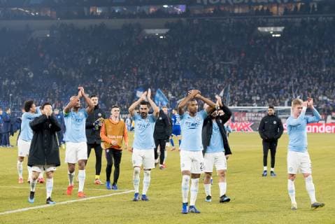 Manchester City celebrate the victory during the UEFA Champions League round of 16 match between Schalke 04 and Manchester City at Arena Auf Schalke on February 20, 2019 in Gelsenkirchen, Germany UEFA Champions League 2018 2019 xVIxVIxImagesx xGerritxvanxKeulenxIVx 13690152