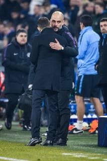 20.02.2019, xkvx, Fußball UEFA Champions League, FC Schalke 04 - Manchester City emspor, v.l. Trainer Coach Pep Guardiola (Manchester City), Trainer Domenico Tedesco (S04 - Schalke 04) nach dem Spiel Umarmung Shake-Hands (DFL DFB REGULATIONS PROHIBIT ANY USE OF PHOTOGRAPHS as IMAGE SEQUENCES and or QUASI-VIDEO) Gelsenkirchen