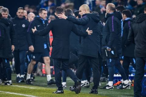 20.02.2019, xkvx, Fußball UEFA Champions League, FC Schalke 04 - Manchester City emspor, v.l. Trainer Coach Pep Guardiola (Manchester City), Trainer Domenico Tedesco (S04 - Schalke 04) nach dem Spiel Umarmung Shake-Hands (DFL DFB REGULATIONS PROHIBIT ANY USE OF PHOTOGRAPHS as IMAGE SEQUENCES and or QUASI-VIDEO) Gelsenkirchen