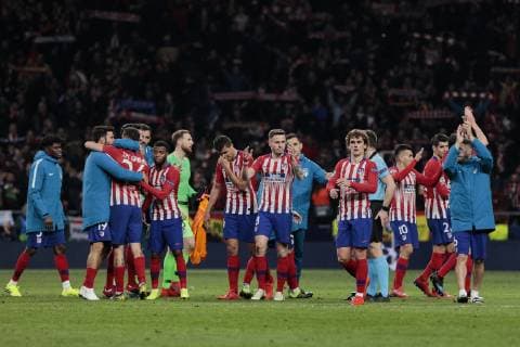 Atletico de Madrid s players celebrate the victory during UEFA Champions League match, Round of 16, 1st leg between Atletico de Madrid and Juventus at Wanda Metropolitano Stadium in Madrid, Spain. February 20, 2019.  (201902200359)