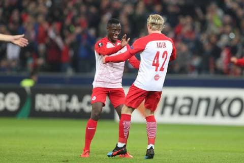 Salzburg s Xaver Schlager celebrates after scoring during the match between Belgian soccer team Club Brugge against Austrian team FC Red Bull Salzburg, Thursday 21 February 2019 in Salzburg, Austria, the return leg of the 1 16 finals (group of 32) of the Europa League competition. BRUNOxFAHY  x05535410x
