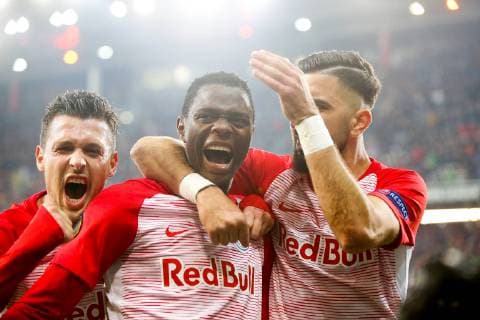 Sport Bilder des Tages Salzburg s Patson Daka celebrates after scoring during the match between Belgian soccer team Club Brugge against Austrian team FC Red Bull Salzburg, Thursday 21 February 2019 in Salzburg, Austria, the return leg of the 1 16 finals (group of 32) of the Europa League competition. BRUNOxFAHY  x05535413x