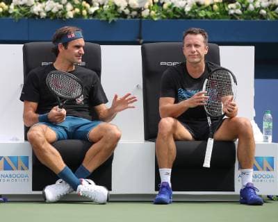 Sport Bilder des Tages Roger Federer und Philipp Kohlschreiber trainieren zusammen, Training Tennis - Dubai Tennis Championships 2019 - ATP Tennis Herren - Dubai Duty Free Tennis Stadium - Dubai - - United Arab Emirates - 22 February 2019. Copyright: xJuergenxHasenkopfx