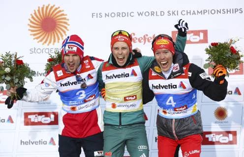 NORDIC SKIING - FIS Nordic World Ski Championships Seefeld 2019 SEEFELD,AUSTRIA,22.FEB.19 - NORDIC SKIING, NORDIC COMBINED, CROSS COUNTRY SKIING - FIS Nordic World Ski Championships, 10km Gundersen. Image shows Jan Schmid (NOR), Eric Frenzel (GER) and Franz Josef Rehrl (AUT). GEPAxpictures xCh.xKelemen