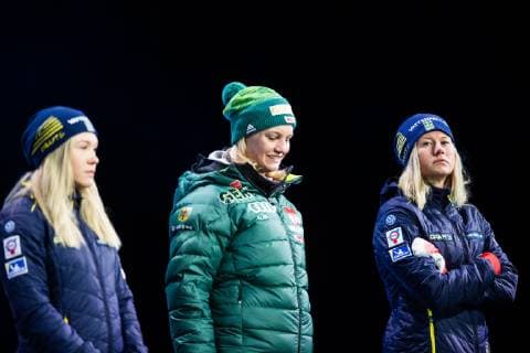 Nordische Ski WM in Seefeld, Langlauf Sprint Damen, Siegerehrung 190222 Jonna Sundling (R) and Maja Dahlqvist (L) of Sweden at the medal ceremony for womenÂ s cross-country skiing sprint during the FIS Nordic World Ski Championships on February 22, 2019 in Seefeld in Tirol. Photo: Joel Marklund BILDBYRAN kod JM 87883 Copyright: JOELxMARKLUND BB190222JM118
