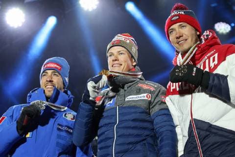 Nordische Ski WM in Seefeld, Langlauf Sprint Herren, Siegerehrung NORDIC SKIING - FIS Nordic World Ski Championships Seefeld 2019 SEEFELD,AUSTRIA,22.FEB.19 - NORDIC SKIING, CROSS COUNTRY SKIING - FIS Nordic World Ski Championships, medal plaza, award ceremony, sprint, men. Image shows Federico Pellegrino (ITA), Johannes Hoesflot Klaebo (NOR) and Gleb Retivykh (RUS). Keywords: medal. . GEPAxpictures xChristianxWalgram