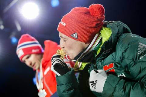 NORDIC SKIING - FIS Nordic World Ski Championships Seefeld 2019 SEEFELD,AUSTRIA,22.FEB.19 - NORDIC SKIING, NORDIC COMBINED - FIS Nordic World Ski Championships, medal plaza, award ceremony, 10km Gundersen, large hill. Image shows Eric Frenzel (GER). Keywords: medal. GEPAxpictures xChristianxWalgram