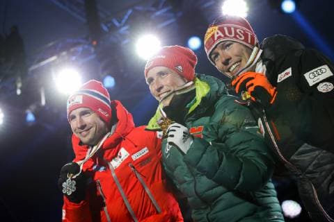 NORDIC SKIING - FIS Nordic World Ski Championships Seefeld 2019 SEEFELD,AUSTRIA,22.FEB.19 - NORDIC SKIING, NORDIC COMBINED - FIS Nordic World Ski Championships, medal plaza, award ceremony, 10km Gundersen, large hill. Image shows Jan Schmid (NOR), Eric Frenzel (GER) and Franz Josef Rehrl (AUT). Keywords: medal. GEPAxpictures xChristianxWalgram