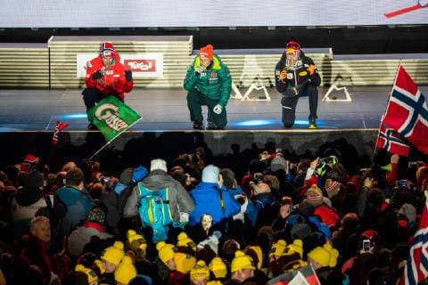 NORDIC SKIING - FIS Nordic World Ski Championships Seefeld 2019 SEEFELD,AUSTRIA,22.FEB.19 - NORDIC SKIING, NORDIC COMBINED - FIS Nordic World Ski Championships, medal plaza, award ceremony, 10km Gundersen, large hill. Image shows Jan Schmid (NOR), Eric Frenzel (GER) and Franz-Josef Rehrl (AUT). GEPAxpictures xPhilippxBrem