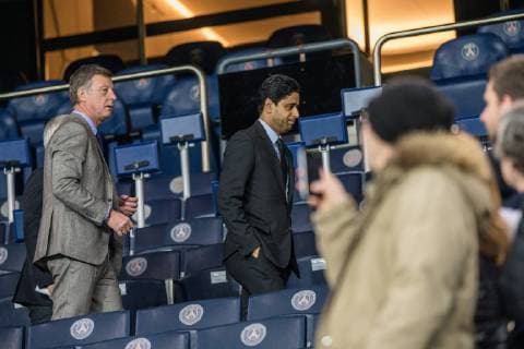 Chairman and CEO of French hotel operator AccorHotels, Sebastien Bazin (L), and CEO of Paris Saint-Germain, Nasser Al Khelaifi (R), after a press conference PK Pressekonferenz to present their new partnership, in Paris, France, on February 22th, 2019.  Copyright: xAurelienxMorissardx