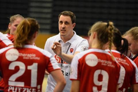 Handball 2. Bundesliga DJK MJC Trier : Herrenberg Mike Leibsle (Trainer von Herrenberg) GER, DJK MJC Trier - SG H2Ku Herrenberg, 2. Bundesliga, Frauen, 23.02.2019 Trier Copyright: xEIBNER Hans_Kraemerx EP_eer