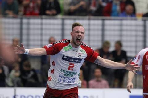 Torjubel bei Lukas Blohme (ASV Hamm-Westfalen 2), ASV Hamm-Westfalen vs TuS Ferndorf, Handball, 2. Bundesliga, 23.02.2019, ASV Hamm-Westfalen vs TuS Ferndorf, Handball, 2. Bundesliga, 23.02.2019 Hamm Copyright: xEIBNER JanxStrohdiekx EP_JSK