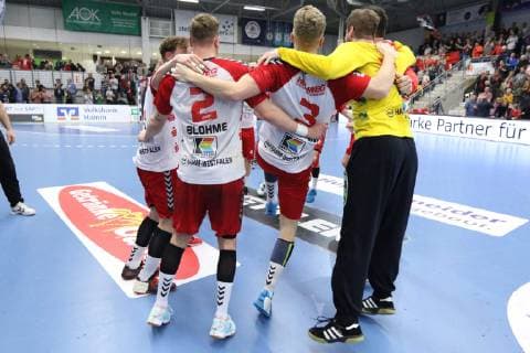 Siegesjubel bei ASV Hamm-Westfalen, ASV Hamm-Westfalen vs TuS Ferndorf, Handball, 2. Bundesliga, 23.02.2019, ASV Hamm-Westfalen vs TuS Ferndorf, Handball, 2. Bundesliga, 23.02.2019 Hamm Copyright: xEIBNER JanxStrohdiekx EP_JSK