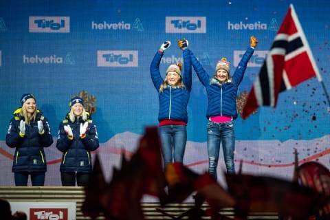 190224 Gold medalists Maja Dahlqvist and Stina Nilsson of Sweden, and, bronze medalists Ingvild Flugstad ostberg and Maiken Caspersen Falla of Norway celebrate at the medal ceremony for womenÂ s team sprint during the FIS Nordic World Ski Championships on February 24, 2019 in Seefeld in Tirol. Photo: Joel Marklund BILDBYRAN kod JM 87891 Copyright: JOELxMARKLUND BB190224JM164
