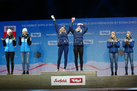 NORDIC SKIING - FIS Nordic World Ski Championships Seefeld 2019 SEEFELD,AUSTRIA,24.FEB.19 - NORDIC SKIING, CROSS COUNTRY SKIING - FIS Nordic World Ski Championships, team sprint Classic, ladies, award ceremony. Image shows Katja Visnar (SLO), Lampic Anamarija (SLO), Stina Nilsson (SWE), Maja Dahlqvis (SWE), Ingvild Flugstad Oestberg (NOR) and Maiken Caspersen Falla (NOR). GEPAxpictures xCh.xKelemen