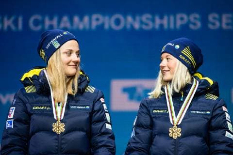 190224 Gold medalists Maja Dahlqvist and Stina Nilsson of Sweden at the medal ceremony for womenÂ s team spriint during the FIS Nordic World Ski Championships on February 24, 2019 in Seefeld in Tirol. Photo: Vegard Wivestad Grott BILDBYRAN kod VG 170298 Copyright: VEGARDxWIVESTADxGRoTT BB190224ZQ036