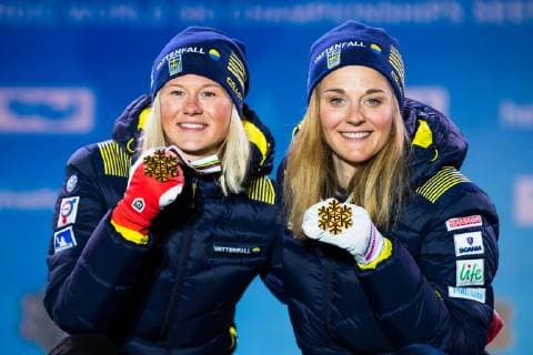 190224 Gold medalists Maja Dahlqvist and Stina Nilsson of Sweden at the medal ceremony for womenÂ s team spriint during the FIS Nordic World Ski Championships on February 24, 2019 in Seefeld in Tirol. Photo: Vegard Wivestad Grott BILDBYRAN kod VG 170298 Copyright: VEGARDxWIVESTADxGRoTT BB190224ZW038