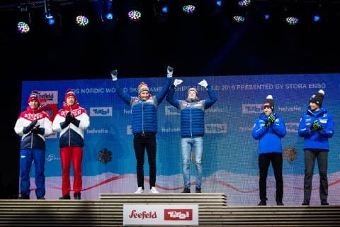 190224 Silver medalists Gleb Retivykh and Alexander Bolshunov of Russia, gold medalists Johannes Hosflot Klaebo and Emil Iversen of Norway and bronze medalists Bronze medalists Francesco di Fabiani and Federico Pellegrino of Italy at the medal ceremony for menÂ s team sprint during the FIS Nordic World Ski Championships on February 24, 2019 in Seefeld in Tirol. Photo: Vegard Wivestad Grott BILDBYRAN kod VG 170298 Copyright: VEGARDxWIVESTADxGRoTT BB190224ZO040