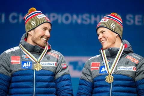 190224 Gold medalists Johannes Hosflot Klaebo and Emil Iversen of Norway at the medal ceremony for menÂ s team sprint during the FIS Nordic World Ski Championships on February 24, 2019 in Seefeld in Tirol. Photo: Vegard Wivestad Grott BILDBYRAN kod VG 170298 Copyright: VEGARDxWIVESTADxGRoTT BB190224ZS038