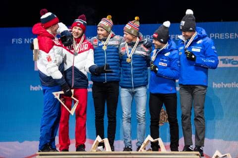 190224 Silver medalists Gleb Retivykh and Alexander Bolshunov of Russia, gold medalists Johannes Hosflot Klaebo and Emil Iversen of Norway and bronze medalists Bronze medalists Francesco di Fabiani and Federico Pellegrino of Italy at the medal ceremony for menÂ s team sprint during the FIS Nordic World Ski Championships on February 24, 2019 in Seefeld in Tirol. Photo: Vegard Wivestad Grott BILDBYRAN kod VG 170298 Copyright: VEGARDxWIVESTADxGRoTT BB190224ZX042