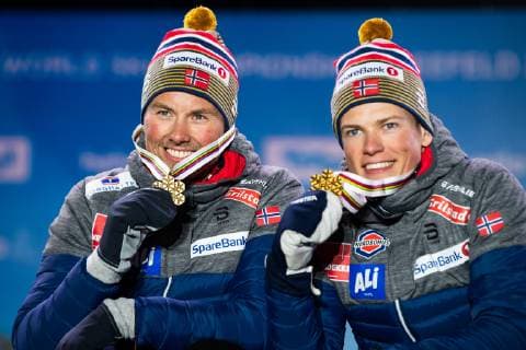 190224 Gold medalists Johannes Hosflot Klaebo and Emil Iversen of Norway at the medal ceremony for menÂ s team sprint during the FIS Nordic World Ski Championships on February 24, 2019 in Seefeld in Tirol. Photo: Vegard Wivestad Grott BILDBYRAN kod VG 170298 Copyright: VEGARDxWIVESTADxGRoTT BB190224ZO041