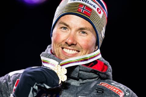 190224 Gold medalist Emil Iversen of Norway at the medal ceremony for menÂ s team sprint during the FIS Nordic World Ski Championships on February 24, 2019 in Seefeld in Tirol. Photo: Vegard Wivestad Grott BILDBYRAN kod VG 170298 Copyright: VEGARDxWIVESTADxGRoTT BB190224ZQ038