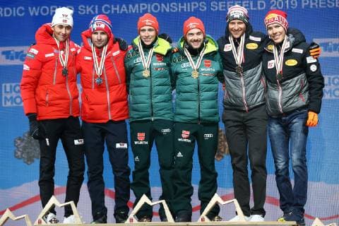 NORDIC SKIING - FIS Nordic World Ski Championships Seefeld 2019 SEEFELD,AUSTRIA,24.FEB.19 - NORDIC SKIING, NORDIC COMBINED - FIS Nordic World Ski Championships, team sprint 2x 7,5km, award ceremony. Image shows Jarl Magnus Riiber (NOR), Jan Schmid (NOR), Eric Frenzel (GER), Fabian Riessle (GER), Bernhard Gruber (AUT) and Franz Josef Rehrl (AUT). GEPAxpictures xCh.xKelemen