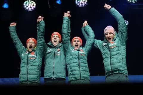 NORDIC SKIING - FIS Nordic World Ski Championships Seefeld 2019 SEEFELD,AUSTRIA,24.FEB.19 - NORDIC SKIING, Ski jumping Skispringen Ski nordisch - FIS Nordic World Ski Championships, team, large hill, award ceremony. Image shows Markus Eisenbichler (GER), Stephan Leyhe (GER), Richard Freitag (GER) and Karl Geiger (GER). GEPAxpictures xChristianxWalgram