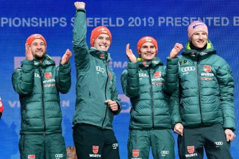2019.02.24 Seefeld Innsbruck Mistrzostwa Swiata w Narciarstwie Klasycznym Seefeld 2019 Konkurs druzynowy na duzej skoczni Bergisel HS130 - ceremonia medalowa N z Markus Eisenbichler, Karl Geiger, Richard Freitag, Stephan Leyhe Foto Martyna Szydlowska Newspix 2019.02.24 Seefeld Innsbruck FIS Nordic World Ski Championship Seefeld 2019 Team competition large hill Bergisel HS130 - medal ceremony Markus Eisenbichler, Karl Geiger, Richard Freitag, Stephan Leyhe Credit: Martyna Szydlowska Newspix --- Newspix.pl  20190224_MS_099