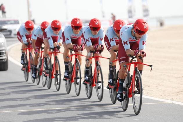 Team Katusha-Alpecin mit Pawel Kochetkov (RUS) - Marcel Kittel (GER) - Rick Zabel (GER) - Daniel Navarro (SPA) - Alex Dowsett (GBR) - Marco Haller (AUT) und Ilnur Zakarin (RUS) - Aktion Rennszene - Querformat - quer - horizontal - Event Veranstaltung: 1. UAE Tour - 1.Etappe Stage 1: 20190224 - Stage 1 - Al Hudayriat Island nach to Al Hudayriat Island 16.0 km T.T.T. Teamzeitfahren - Ort Location: Al Hudayriat Island - Region: Abu Dhabi - Land Country: Vereinigte Arabische Emirate - Datum Date: 24.02.2019 Cycling Radsport 1. UAE Tour -1.Etappe 24.02.2019