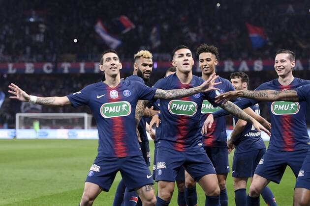 JOIE - 11 ANGEL DI MARIA (PSG) - 08 LEANDRO DANIEL PAREDES (PSG) - 17 ERIC MAXIM CHOUPO MOTING (PSG) - 04 THILO KEHRER (PSG) - 23 JULIAN DRAXLER (PSG) FOOTBALL : Paris SG vs Dijon - Coupe de France - 26 02 2019 AnthonyBIBARD FEP Panoramic 