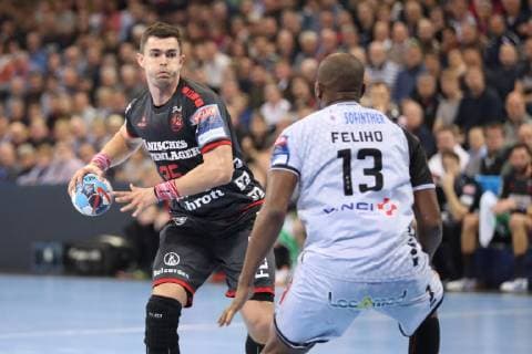 SG Flensburg-Handewitt vs HBC Nantes, Handball, EHF Champions League Gruppenphase, 27.02.19 Rasmus Lauge Schmidt (SG Flensburg-Handewitt, 25) gegen Rock Feliho (HBC Nantes, 13)