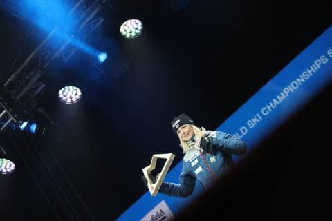 NORDIC SKIING - FIS Nordic World Ski Championships Seefeld 2019 SEEFELD,AUSTRIA,28.FEB.19 - NORDIC SKIING, Ski jumping Skispringen Ski nordisch - FIS Nordic World Ski Championships, Medal Plaza, award ceremony, normal hill, ladies. Image shows Maren Lundby (NOR). Keywords: trophy. GEPAxpictures xChristianxWalgram