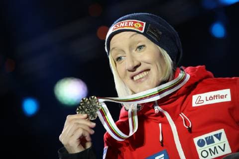 NORDIC SKIING - FIS Nordic World Ski Championships Seefeld 2019 SEEFELD,AUSTRIA,28.FEB.19 - NORDIC SKIING, Ski jumping Skispringen Ski nordisch - FIS Nordic World Ski Championships, Medal Plaza, award ceremony, normal hill, ladies. Image shows Daniela Iraschko-Stolz (AUT). Keywords: medal. GEPAxpictures xChristianxWalgram