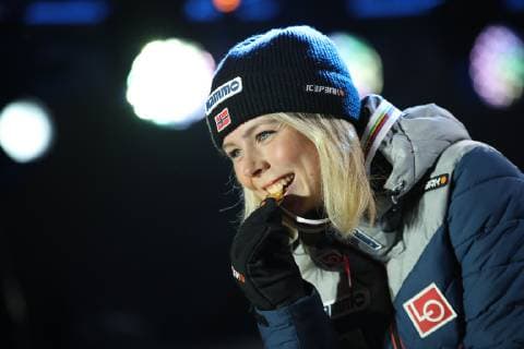 NORDIC SKIING - FIS Nordic World Ski Championships Seefeld 2019 SEEFELD,AUSTRIA,28.FEB.19 - NORDIC SKIING, Ski jumping Skispringen Ski nordisch - FIS Nordic World Ski Championships, Medal Plaza, award ceremony, normal hill, ladies. Image shows Maren Lundby (NOR). Keywords: medal. GEPAxpictures xChristianxWalgram