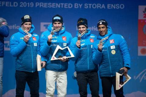 NORDIC SKIING - FIS Nordic World Ski Championships Seefeld 2019 SEEFELD,AUSTRIA,01.MAR.19 - NORDIC SKIING, CROSS COUNTRY SKIING - FIS Nordic World Ski Championships, 4x10km relay, men, medal plaza, award ceremony. Image shows the rejoicing of team FRA with Adrien Backscheider (FRA), Maurice Manificat (FRA), Clement Parisse (FRA) and Richard Jouve (FRA). GEPAxpictures xPhilippxBrem